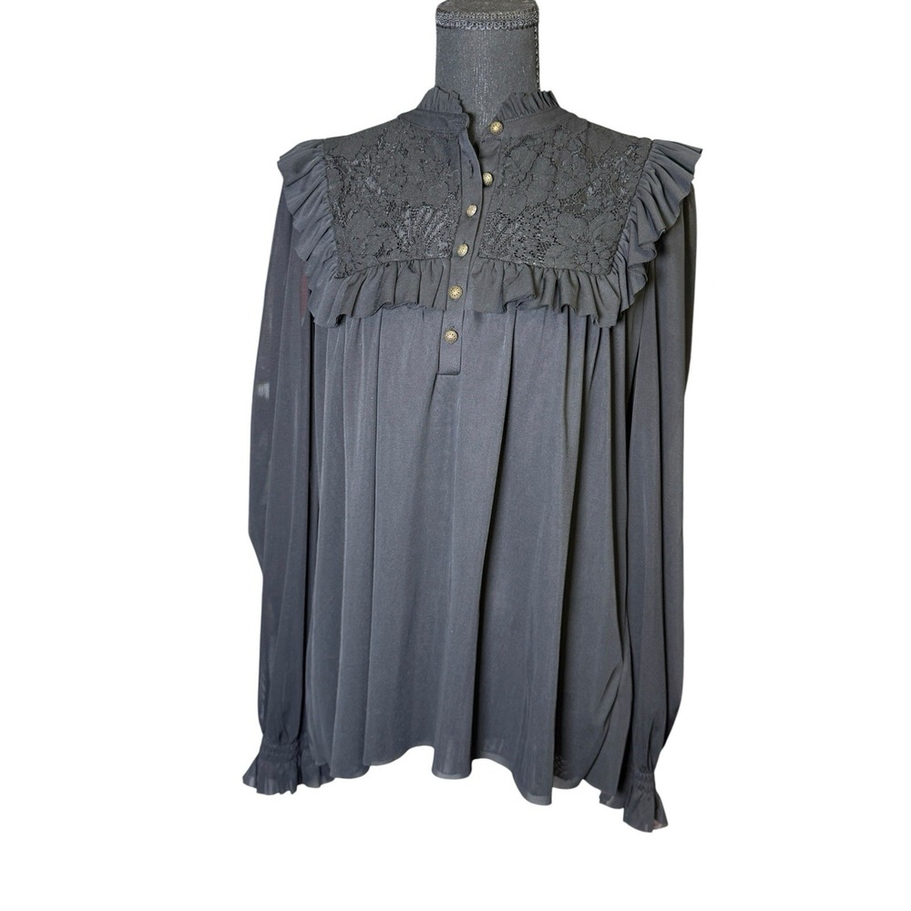 Anthropologie Lace Ruffle Blouse Women L‎ Black Excellent Victorian Sheer Top